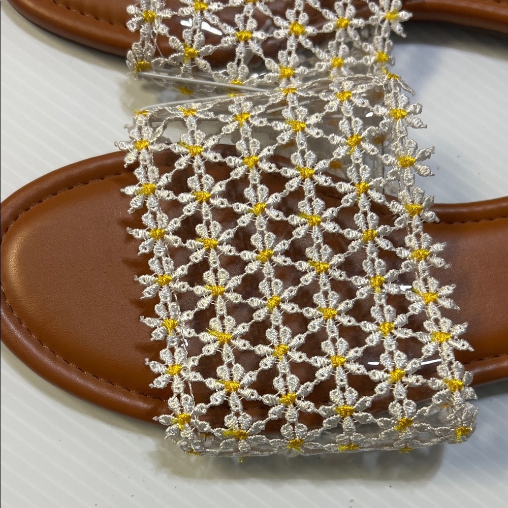 Jessica Simpson Brown Slide Sandals with White and Yellow Beaded Lattice size 8 - Picture 4 of 4